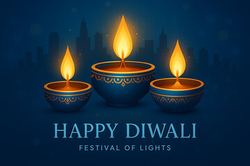 A vibrant depiction of diwali featuring three illuminated lamps against a dark cityscape conveys warmth and festive spirit