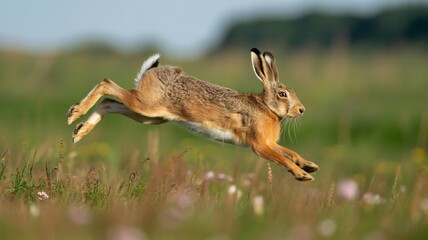 Running Hare in Dynamic Motion with Natural Lighting on Green Meadow for Wildlife Photography