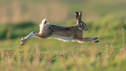 Running Hare in Motion Blur with Warm Natural Lighting on Green Grassy Field for Wildlife Photography
