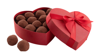 Heart shaped chocolate box of truffles opened to show dessert for valentine day candy gift present sweet romance love holiday february
