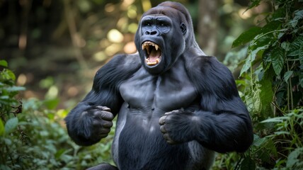 Aggressive Gorilla in Fierce Roar with Dramatic Lighting in Lush Green Jungle for Wildlife Conservation