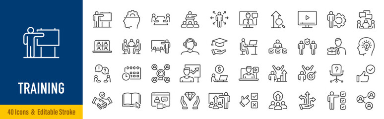 Training web icons in line style. Education, seminar, online test, webinar, course, distance learning collection. Editable stroke. Vector illustration.