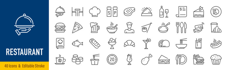 Fototapeta na wymiar Restaurant web icons in line style. Food, meal, fish, delivery, cooking, fast food, collection. Editable stroke. Vector illustration.