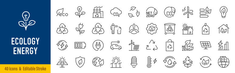 Obraz premium Ecology and Energy web icons in line style. Nature green, electric car, organic, renewable energy, green technology, environmental energy collection. Editable stroke. Vector illustration.