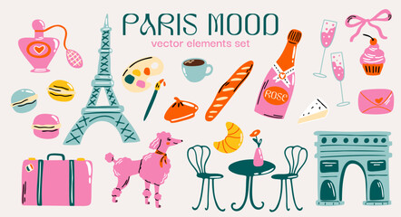 Paris aesthetic, travel to France concept vector sticker set with cute cartoon retro illustration of Eiffel Tower, Arc de Triomphe, food elements for design © WeirdyTales