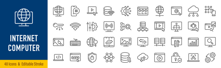 Internet computer web icons in line style. Cloud technology, data center, connection network, digital service, database platform, collection. Editable stroke. Vector illustration.