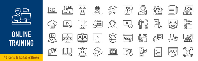 Online Training web icons in line style. Education, seminar, online test, webinar, course, distance learning collection. Editable stroke. Vector illustration. © iiierlok_xolms