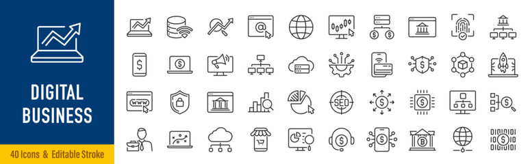 Digital Business web icons in line style. Marketing, data management, social network, business technology, information technology, collection. Editable stroke. Vector illustration.