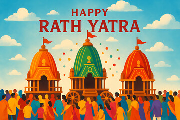 A vibrant illustration depicts the happy rath yatra festival with intricately designed chariots and a joyous crowd of devotees celebrating