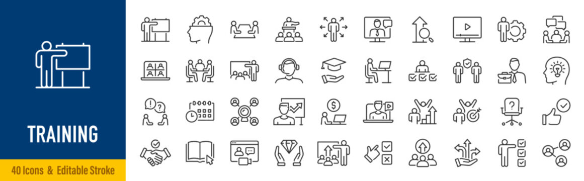 Training web icons in line style. Education, seminar, online test, webinar, course, distance learning collection. Editable stroke. Vector illustration.
