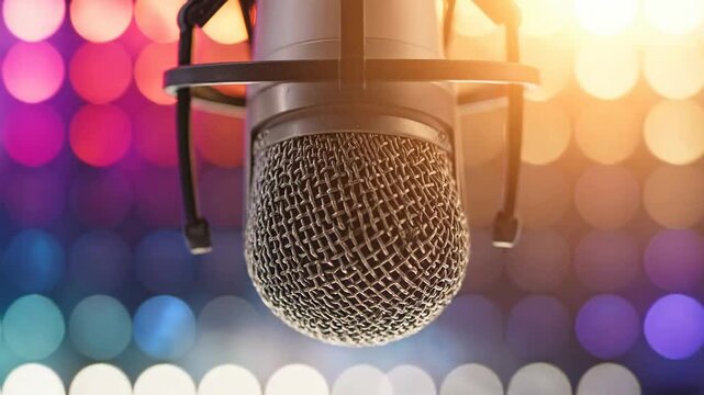 Studio microphone with a l mesh grill against a colorful bokeh background.