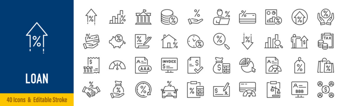Loan and Credit web icons in line style. Credit card, deposit, car leasing, rate interest, calculator, income, rating, collection. Editable stroke. Vector illustration.
