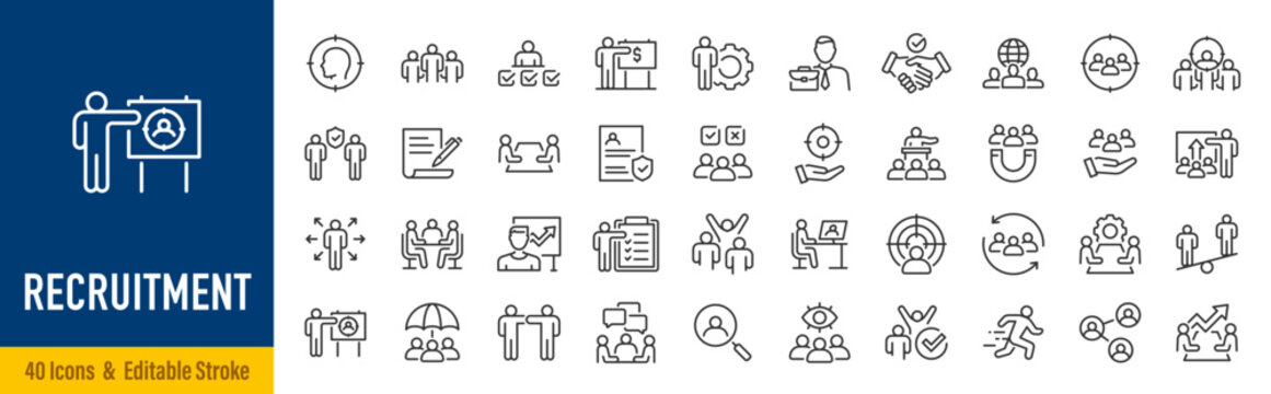 Recruitment web icons in line style. Headhunting, career, resume, work group, candidate, job hiring, collection. Editable stroke. Vector illustration.