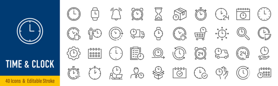 Time and Clock web icons in line style. Calendar, timer, time, stopwatch, countdown, collection. Editable stroke. Vector illustration.