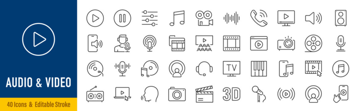 Audio and Video web icons in line style. Cinema, speaker, online, picture, play button, music, collection. Editable stroke. Vector illustration.