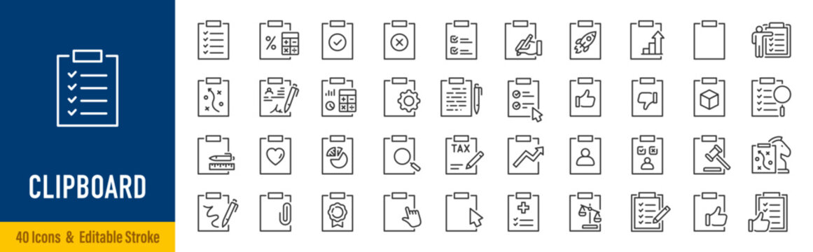 Clipboard web icons in line style. Checklist, report, petition, survey, collection. Editable stroke. Vector illustration.