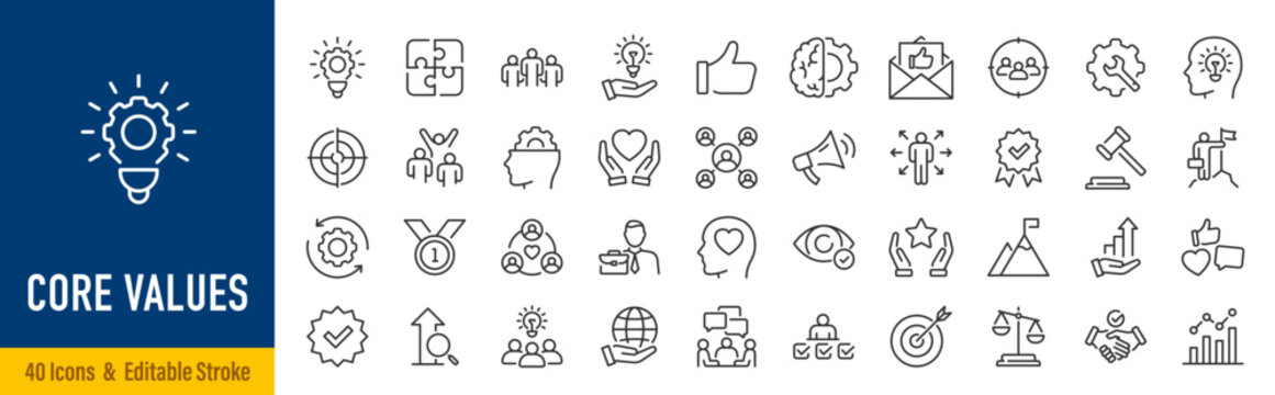 Core Values web icon set in line style. Innovation, integrity, customers, accountability, teamwork, goals, motivation collection. Editable stroke. Vector illustration.