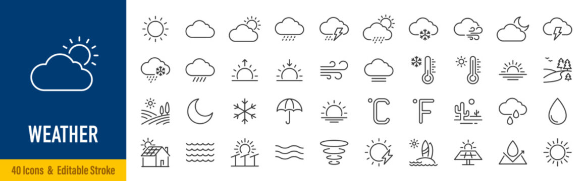 Weather web icons in line style. Clouds, sun, moon, snowflakes, wind, sunny day, collection. Editable stroke. Vector illustration.