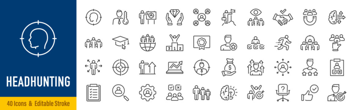 Headhunting web icons in line style. Recruitment, career, resume, work group, candidate, job hiring, collection. Editable stroke. Vector illustration.