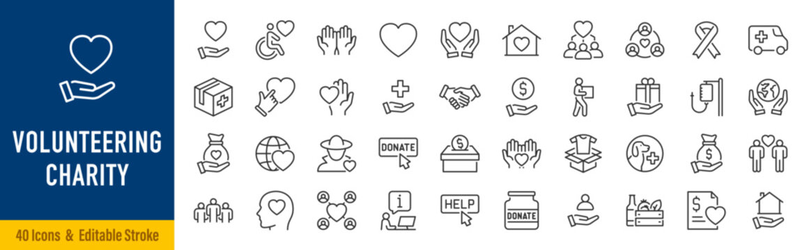 Volunteering and charity web icons in line style. Donate, donor, doctor, care, help, support, collection. Editable stroke. Vector illustration.