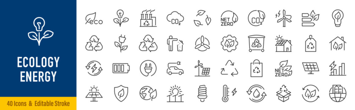 Ecology and Energy web icons in line style. Nature green, electric car, organic, renewable energy, green technology, environmental energy collection. Editable stroke. Vector illustration.