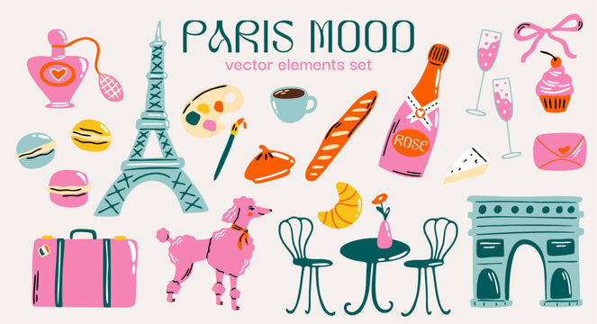 Paris aesthetic, travel to France concept vector sticker set with cute cartoon retro illustration of Eiffel Tower, Arc de Triomphe, food elements for design