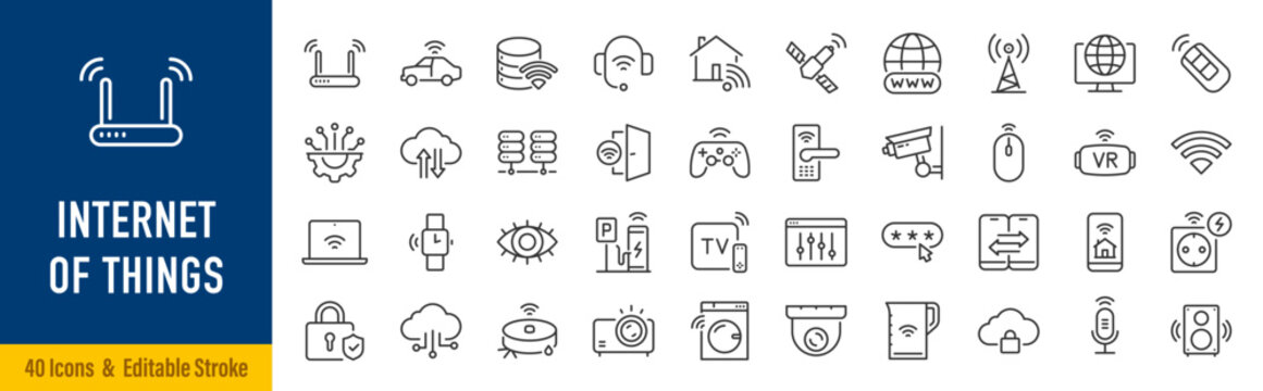 Internet of things web icons in line style. Digital technology, data, network, cloud computing, business, collection. Editable stroke. Vector illustration.