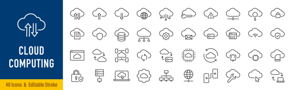Cloud computing web icons in line style. Cloud technology, data center, connection network, digital service, database platform, collection. Editable stroke. Vector illustration.