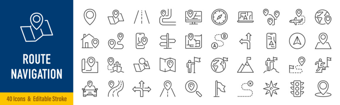 Route web icons in line style. Navigation, location, route map, traffic, pin,  collection. Editable stroke. Vector illustration.