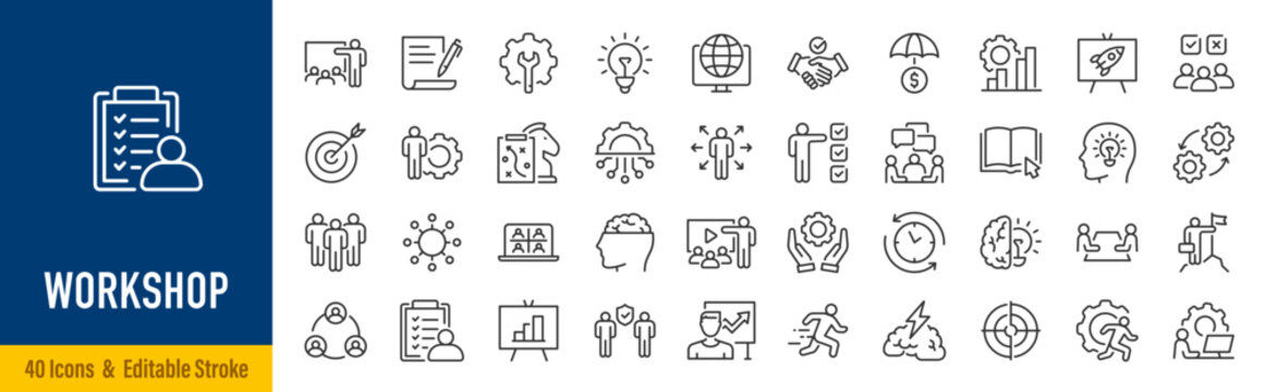 Workshop web icons in line style. Teamwork, training, business, partnership, goals, coaching, collection. Editable stroke. Vector illustration.