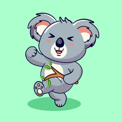 Fototapeta premium Happy Cartoon Koala Dancing with Eucalyptus Branch Vector Illustration Kawaii Design
