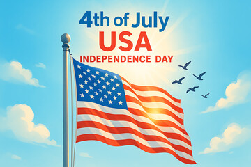 A vibrant illustration depicts an american flag waving proudly against a bright blue sky with sunlight and birds