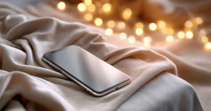 Modern smartphone lying on soft beige fabric with warm bokeh lights in the background creating cozy and elegant atmosphere - Powered by Adobe