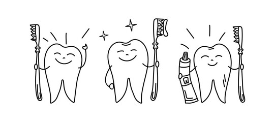 Healthy and happy teeth. Toothbrush and toothpaste. Dentistry. Shiny white teeth, cleaning and oral hygiene. Line icons, drawings, doodles.
