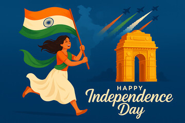 Celebrating india s independence day a vibrant illustration depicting a woman with the national flag aircraft and india gate