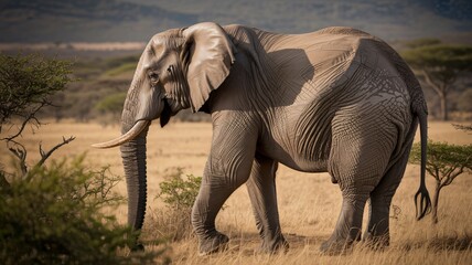 African Elephant in Savanna Landscape with Natural Lighting on Dry Grass for Wildlife Conservation