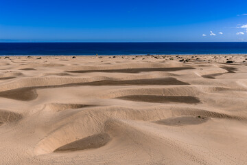 Rolling sand dunes reach the Atlantic on Gran Canaria. Tiny walkers and shrubs dot rippled ridges....