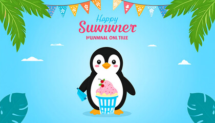 Naklejka premium Cartoon penguin holds ice cream under palm trees and a colorful banner