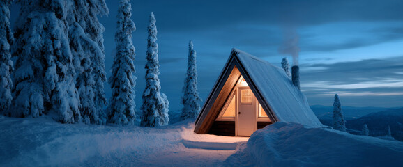 Cozy A-frame cabin glowing warmly in snowy winter forest at dusk with smoke rising from chimney and snow-covered pine trees surrounding