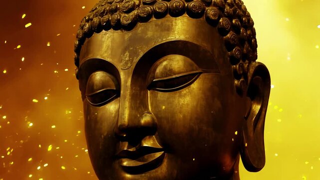 Golden Buddha close-up face with gold background. Golden particles floating. golden buddha statues on blurred background. Copy space