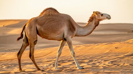 Camel in desert landscape with warm golden lighting on sandy dunes for travel advertisement