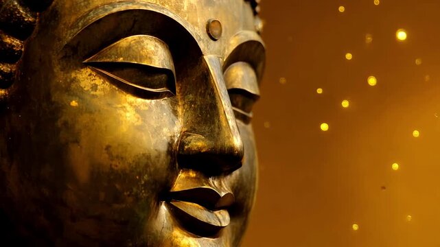 Golden Buddha close-up face with gold background. Golden particles floating. golden buddha statues on blurred background. Copy space