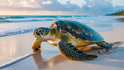 Sea Turtle on Sandy Beach with Gentle Waves in Soft Morning Light for Conservation Awareness