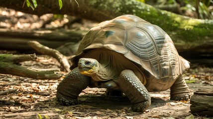 Giant tortoise in natural habitat with warm earthy tones and soft lighting for wildlife conservation