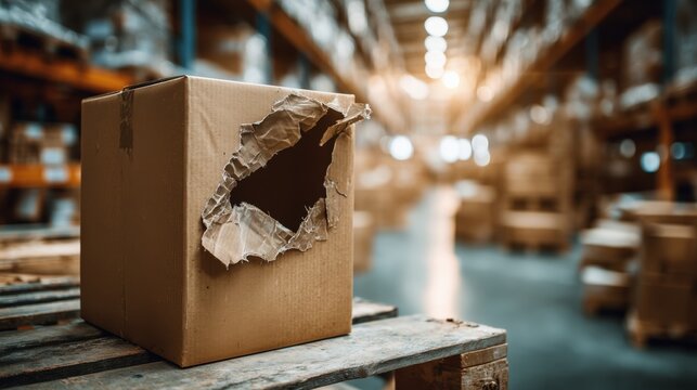 Large torn hole in cardboard box on wooden pallet in warehouse logistics center