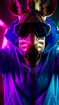 A zebra wearing sunglasses and a hooded jacket, illuminated by neon lights in a surreal and vibrant atmosphere