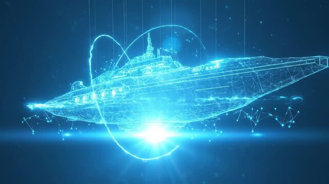 Abstract digital futuristic ship floating in space with glowing lines