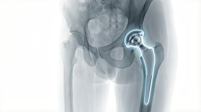 X-ray image of a human hip joint with a prosthetic implant, showcasing the detailed structure and design of the artificial hip, emphasizing medical innovation and technology