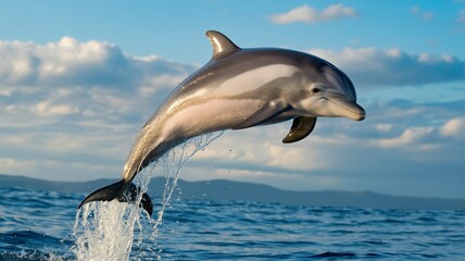 Dolphin Jumping Out of Water in Playful Motion with Bright Blue Sky and White Clouds in Natural Lighting for Marine Life Conservation