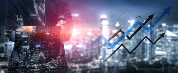 A businessman stands confidently against a vibrant city skyline, symbolizing financial success and growth with dynamic graphs representing progress and ambition. Scalp